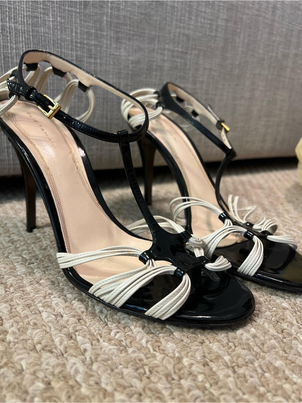 Elie Tahari Black Patent T-Strap Heels with Cream Knotted Detail